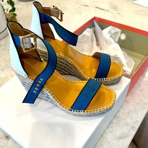 CABI Parker Espadrille Wedges Blue/White Size 7.5 #6019 EUC very lightly worn